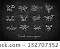 Childlike rough vector doodles of various drones on blackboard background. Delivery, underwater, quadcopter, helicopter, airplane, and spy drones 132707352