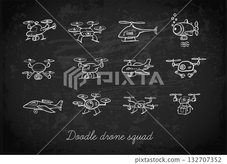 Childlike rough vector doodles of various drones on blackboard background. Delivery, underwater, quadcopter, helicopter, airplane, and spy drones Childlike rough vector doodles of various drones on blackboard background. Delivery, underwater, quadcopter, helicopter, airplane, and spy drones 132707352