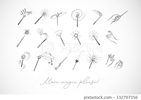 Magic wands and hand gestures with sparkles and stars in a clean vector doodle style on white background Magic wands and hand gestures with sparkles and stars in a clean vector doodle style on white background 132707356