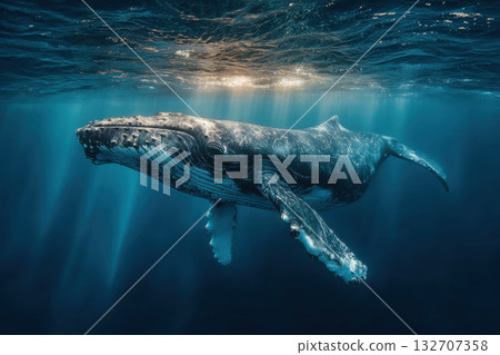 A majestic humpback whale swims gracefully underwater near the surface with the sun's rays penetrating. A majestic humpback whale swims gracefully underwater near the surface with the sun's rays penetrating. 132707358