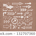 Collcetion of hand-drawn doodle sketch arrows in various styles and directions, sketched with a rough, artistic feel on brown parcel paper background 132707360