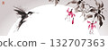 Ink wash painting of fuchsia flowers and hummingbird in flight, fuchsia flowers and big sun. Traditional oriental ink painting sumi-e, u-sin, go-hua. Hieroglyph - grace 132707363