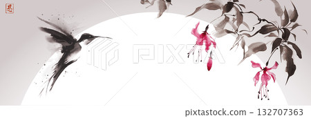 Ink wash painting of fuchsia flowers and hummingbird in flight, fuchsia flowers and big sun. Traditional oriental ink painting sumi-e, u-sin, go-hua. Hieroglyph - grace Ink wash painting of fuchsia flowers and hummingbird in flight, fuchsia flowers and big sun. Traditional oriental ink painting sumi-e, u-sin, go-hua. Hieroglyph - grace 132707363