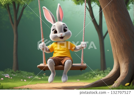 动画兔子在树林中荡秋千 动画兔子在树林中荡秋千 132707527