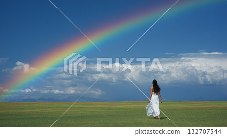 A woman walking under a rainbow | A natural life scene of hope and healing with blue skies and grasslands 132707544
