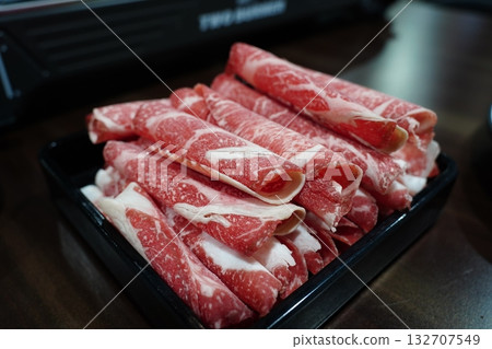 Thinly Sliced Raw Beef for Hot Pot or Shabu-Shabu 132707549