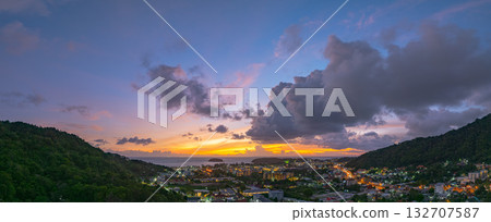 erial view The lights begin to shine in the beachside town during the twilight. 132707587