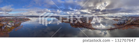 Drone panorama of Espoo city and archipelago near Helsinki with dramatic clouds 132707647
