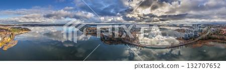 Bright aerial panorama of Espoo and Helsinki archipelago with reflections in water Bright aerial panorama of Espoo and Helsinki archipelago with reflections in water 132707652