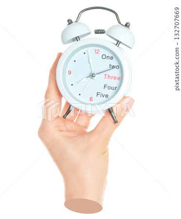 Woman hand holds alarm clock, isolated on transparent background, office and household items concept. Contemporary art Woman hand holds alarm clock, isolated on transparent background, office and household items concept. Contemporary art 132707669