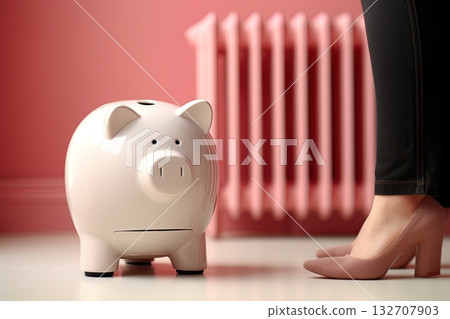 Piggy bank near radiator. Saving money on heating and reducing cost. Ai Generative Piggy bank near radiator. Saving money on heating and reducing cost. Ai Generative 132707903