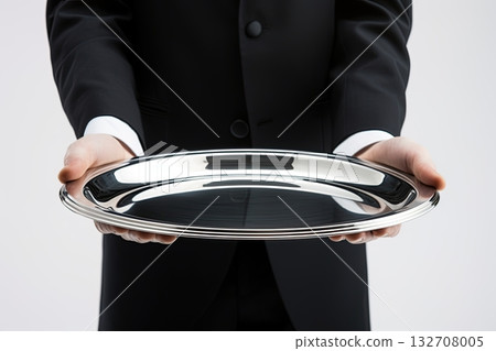 Waiter holding empty tray. Copy space. Add your design. Ai Generative 132708005