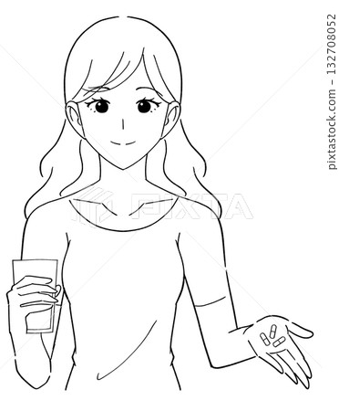 黑白插圖,描繪了一位女性服用保健品的情景。 黑白插圖,描繪了一位女性服用保健品的情景。 132708052