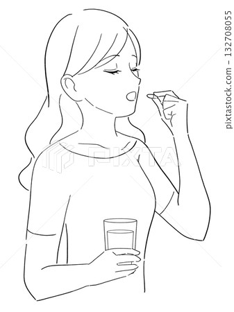 黑白插圖,描繪了一位女性服用保健品的情景。 黑白插圖,描繪了一位女性服用保健品的情景。 132708055