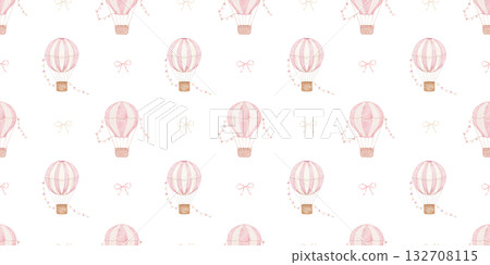 Seamless watercolor pattern with pink hot air balloons on white background, hand drawn repeating illustrations for girl 132708115