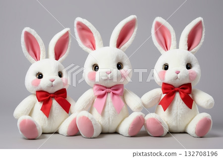三只带蝴蝶结的白色兔子玩偶 132708196