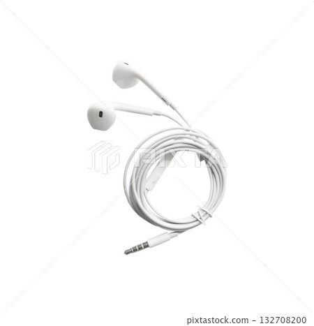 White wired headphones isolated on white background. Modern gadgets for communication 132708200
