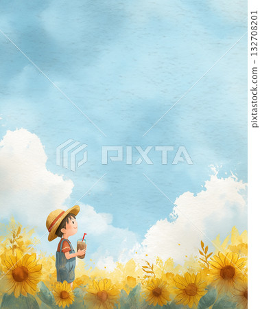 Sunflower field and boy looking up at the sky | Watercolor illustration of summer sky and dreams 132708201