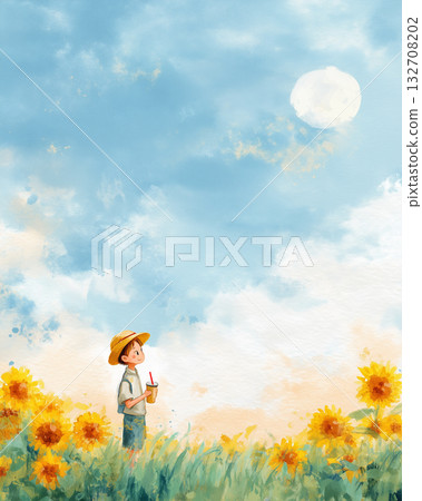 向日葵花田，男孩仰望天空 | 夏日天空與夢想的水彩插畫 132708202