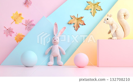 柔和的粉紅彩色背景、毛絨玩具和秋葉，構成了一幅充滿趣味的畫面。 132708210