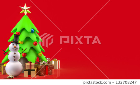 The Snow man and Christmas tree for Holiday or new year concept 3d Rendering. 132708247