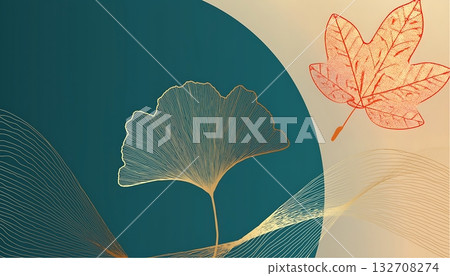 絢麗的秋日背景，以金色線條勾勒出銀杏和楓葉的圖案。 132708274