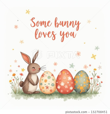 Cute bunny next to colorful floral Easter eggs, surrounded by soft flowers on a white background, celebrating love and spring 132708451