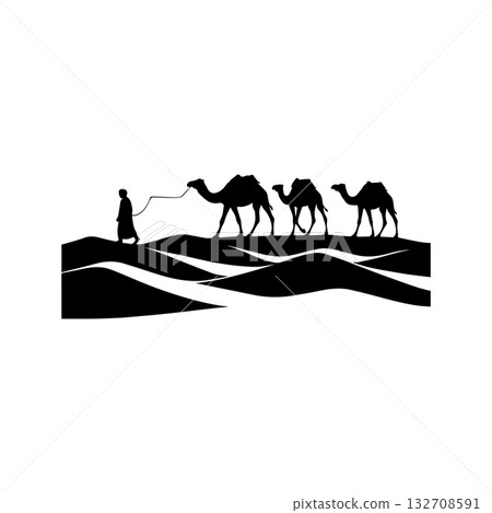 camel caravan silhouette man leading camels in desert dunes isolated on white background 132708591
