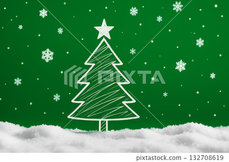 Hand-drawn white Christmas tree on green background with snow and snowflakes, simple festive illustration for holiday cards and winter banners 132708619