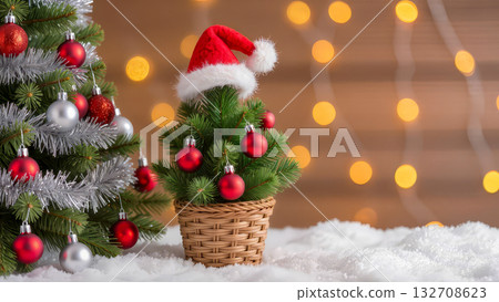 Miniature Christmas tree with Santa hat red ornaments in a wicker basket, snow foreground and warm bokeh holiday lights in background Miniature Christmas tree with Santa hat red ornaments in a wicker basket, snow foreground and warm bokeh holiday lights in background 132708623