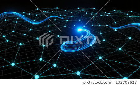 Futuristic digital network with glowing blue nodes and dynamic flowing data streams over black grid, abstract AI or quantum computing background 132708628