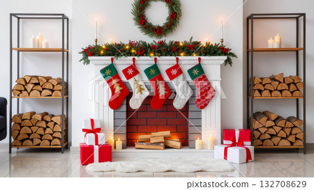 Christmas fireplace with hanging stockings, gifts, candles, wreath and wood logs, cozy festive holiday decor in modern bright living room 132708629