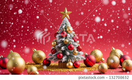 Mini Christmas tree with red and gold ornaments on red background with snowflakes and glitter, festive holiday composition in studio 132708632