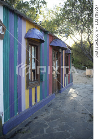Picturesque typical construction in the town of Puerto Piramides, Peninsula Valdes, Chubut Province, Patagonia, Argentina. 132708657