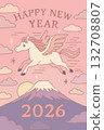 一個可愛的新年賀卡模板，以日式插畫風格描繪了馬年日出和駿馬的景象。 132708807