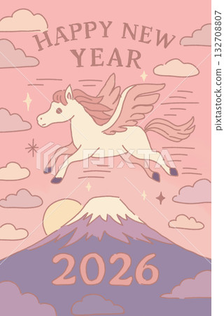 一個可愛的新年賀卡模板，以日式插畫風格描繪了馬年日出和駿馬的景象。 132708807