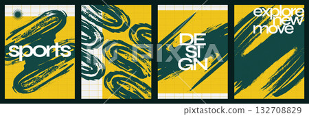 Sports Event Poster Template Collection with Green Brush Strokes on Yellow Background. Template for Sport, Fitness, Workout, Gym, Brochure, Invitation, Festival, or Music Event 132708829