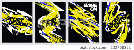 Sports Event Poster Template Collection with Yellow and White Brush Strokes. Template for Sport, Fitness, Workout, Gym, Brochure, Invitation, Festival, or Music Event 132708831