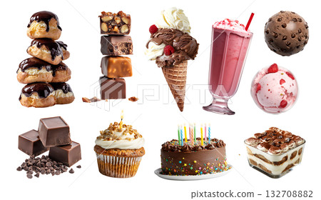Set of sweets candy candies dessert treats, cake cupcake muffin, ice cream gelato yoghurt, milkshake, tiramisu, chocolate profiterole, transparent cutout PNG. Many different variety mockup Set of sweets candy candies dessert treats, cake cupcake muffin, ice cream gelato yoghurt, milkshake, tiramisu, chocolate profiterole, transparent cutout PNG. Many different variety mockup 132708882