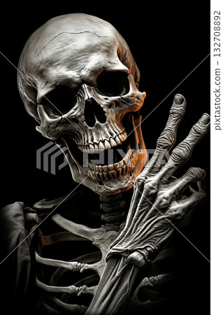 Human Skeleton showing peace sign with fingers. T Shirt, Poster design. Black background. Ai Generative 132708892