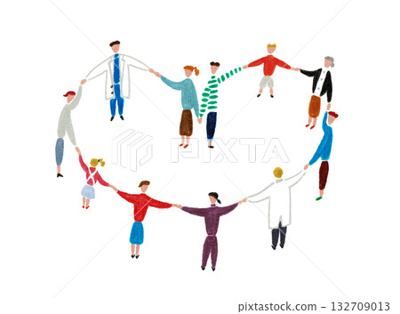 Hand-drawn illustration of healthcare workers and people holding hands in a heart circle 132709013