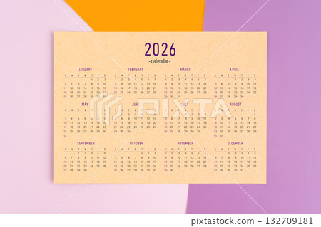 2026 yearly calendar page on colorful background. 132709181