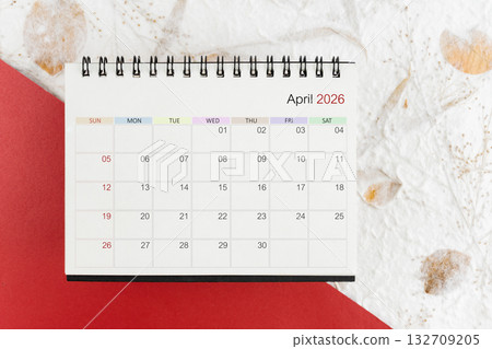 April 2026 blank desk calendar on mulberry paper. 132709205