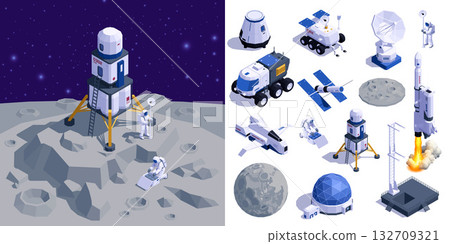 Poster featuring orbital station and moon landing mission with astronauts 132709321