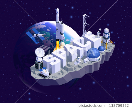 Space exploration composition with large SPACE letters and surrounding structures 132709322