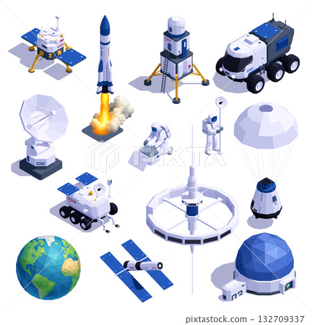 Collection of space vehicles, satellites, rockets and astronauts icons 132709337