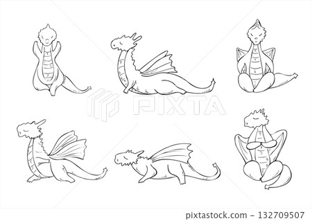 Fairytale Dragons with wings standing in triangle pose and doing yoga vector line art black ink sketch. Animal practicing fitness exercises and meditation monochrome illustration. For coloring book 132709507