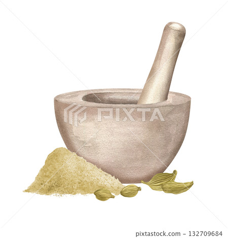 Cardamom powder ground with pestle and mortar Watercolor illustration on isolated background. Dried Cardamom spice seeds. Aromatic ingredient for baking, hot and cold drinks, seasoning various dish. 132709684