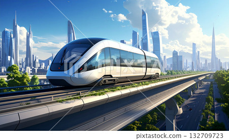 Futuristic Elevated Train in Modern City Landscape Futuristic Elevated Train in Modern City Landscape 132709723