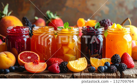 Jars of Colorful Homemade Jams with Fresh Summer Fruits 132709764